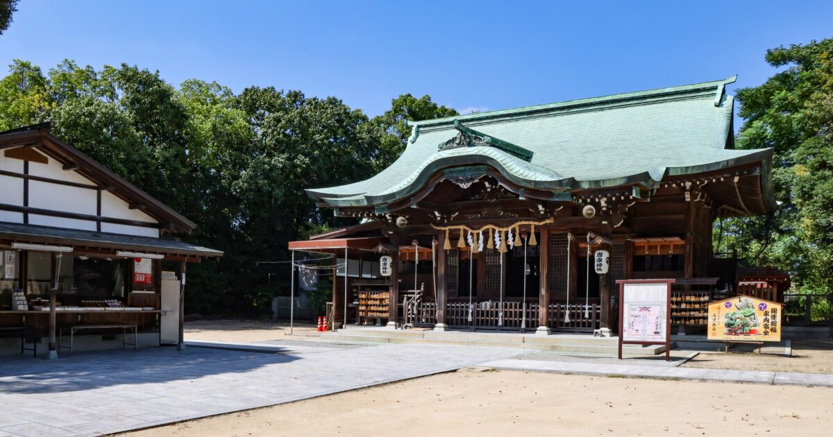 緑に囲まれた唐津神社の本殿と社務所の風景