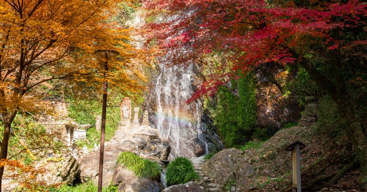 紅葉と滝に虹がかかる秋の自然風景